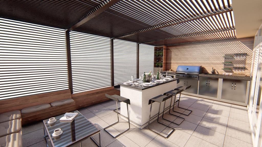 timber slat pergola and matching privacy screens with kitchen