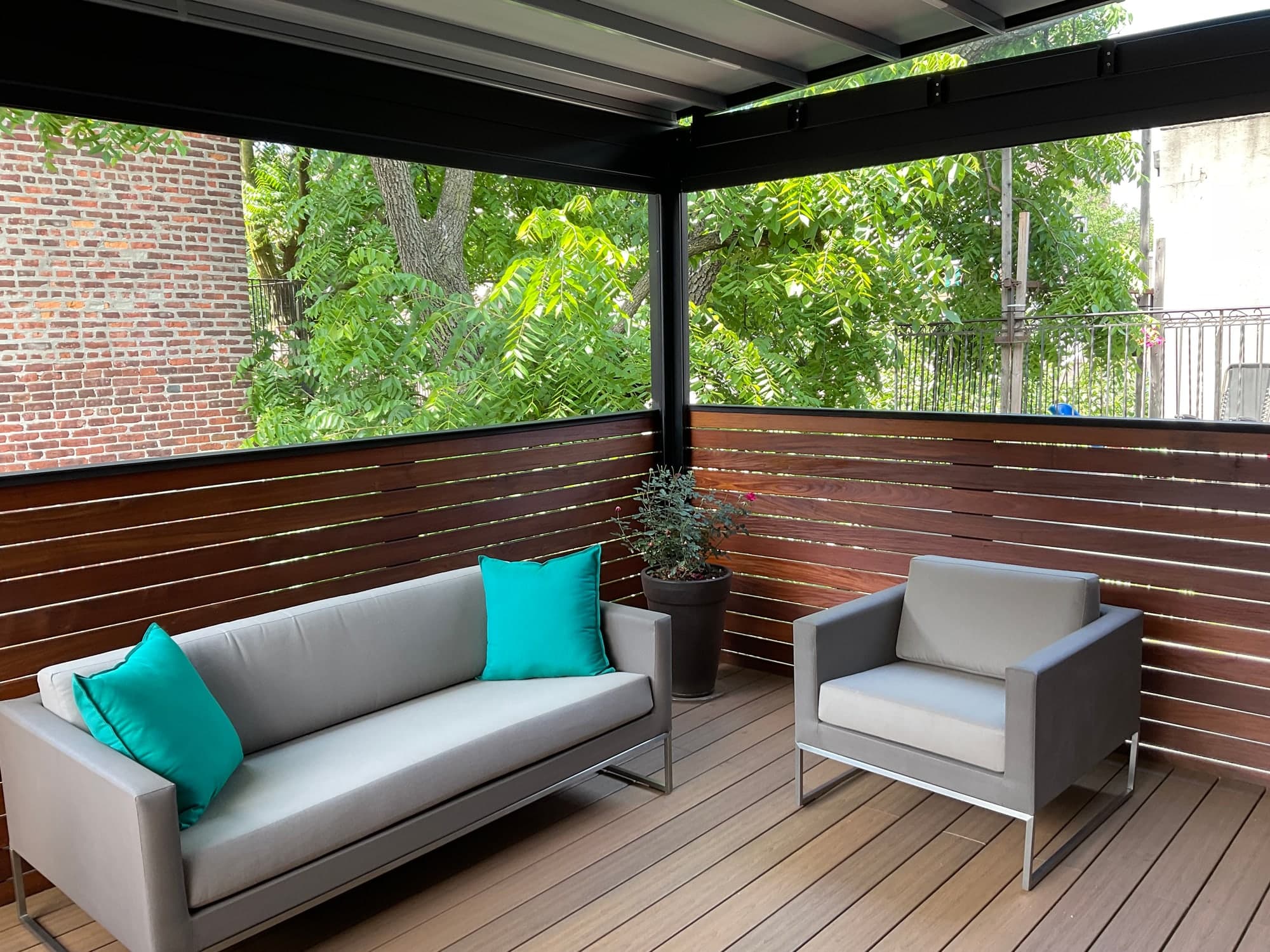 Decking, Ipe Fence, Retractable Pergola with Shades