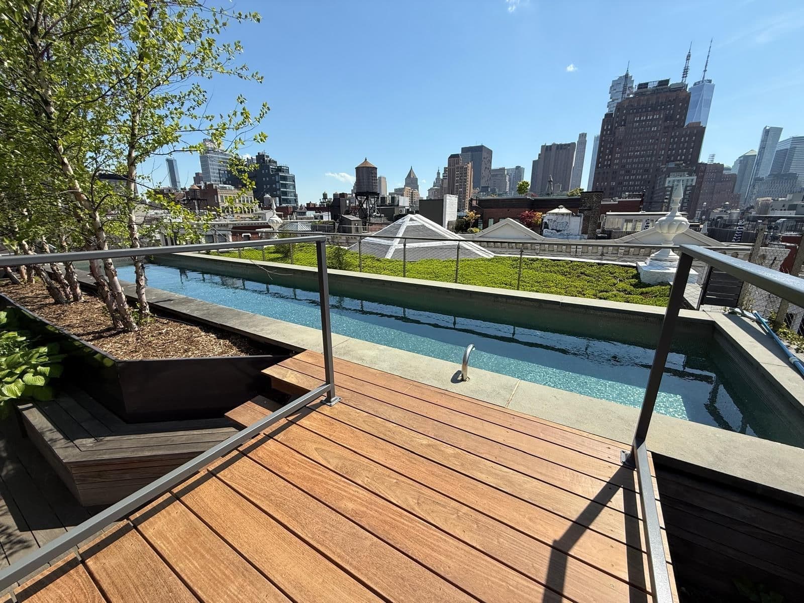 Elevated pool deck in Manhattan and rails for safety