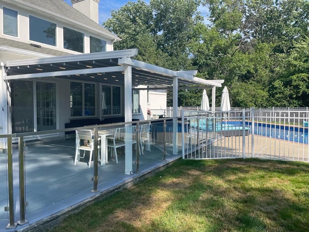 motorized pergola system with integrated LED lighting